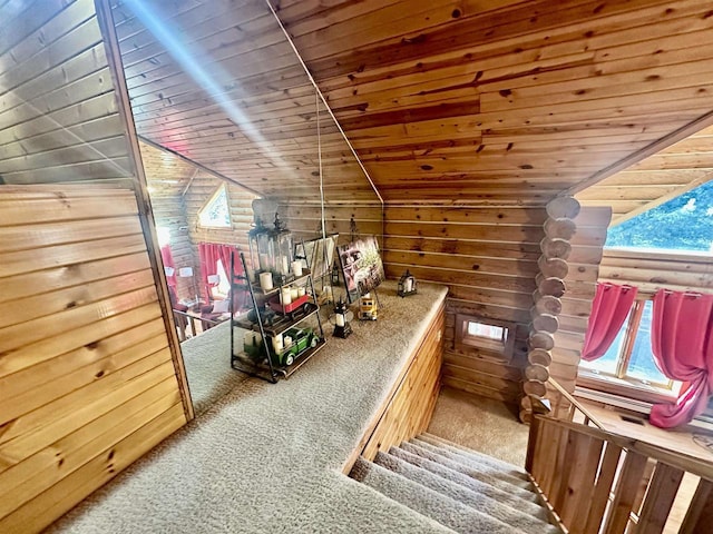 bar with carpet flooring, log walls, wooden ceiling, wood walls, and vaulted ceiling