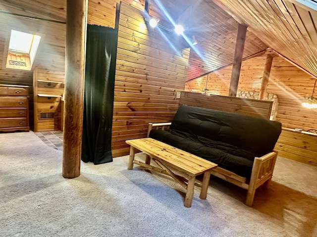 misc room featuring lofted ceiling, light colored carpet, wooden ceiling, and wood walls