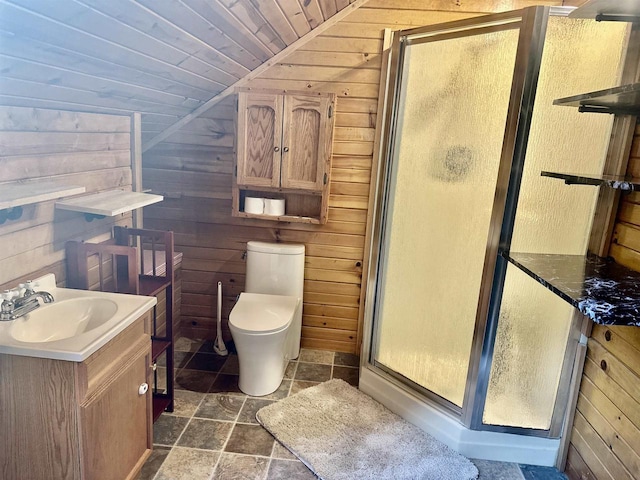 bathroom with walk in shower, vanity, wooden walls, wooden ceiling, and lofted ceiling