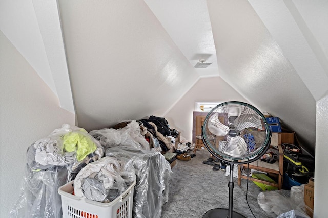 carpeted bedroom featuring vaulted ceiling