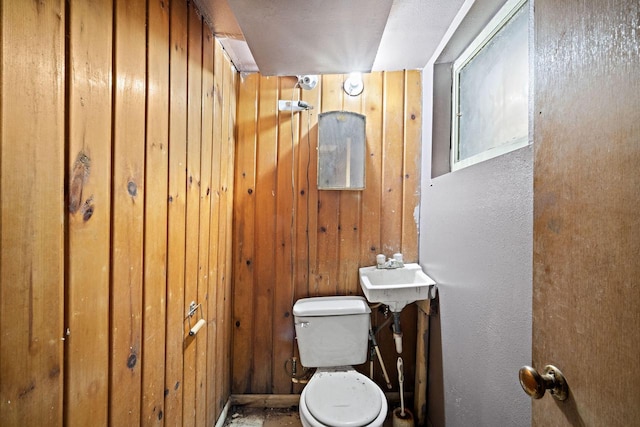 bathroom featuring toilet, sink, and wooden walls