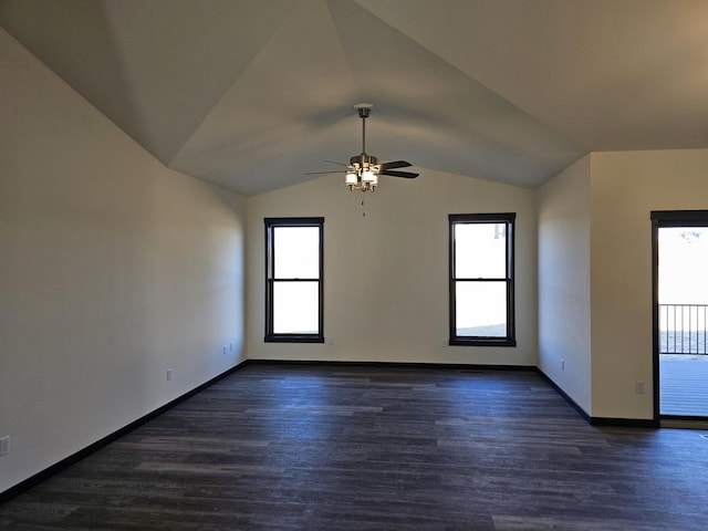 unfurnished room with dark wood-type flooring, ceiling fan, and lofted ceiling