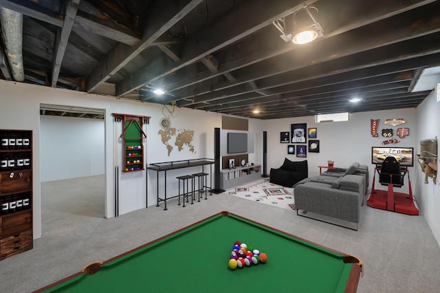 game room with carpet and billiards