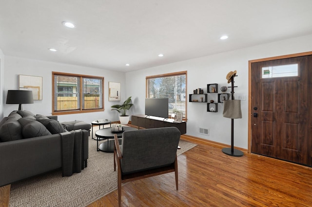 living room featuring a wealth of natural light and wood-type flooring