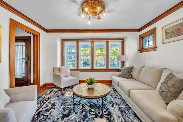 living room featuring crown molding and hardwood / wood-style floors