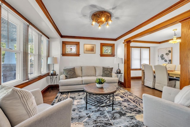 living room featuring a chandelier, wood-type flooring, and ornamental molding