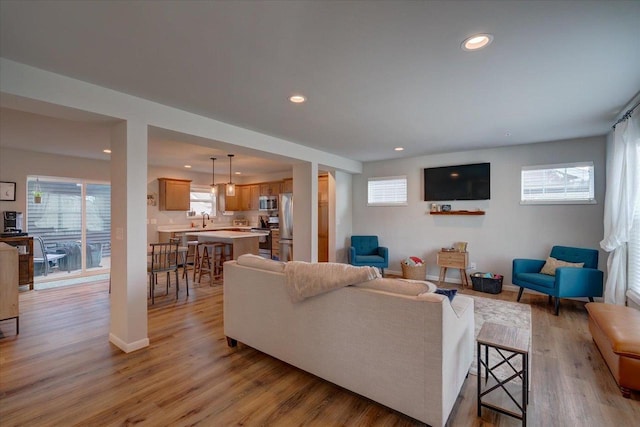 living room with sink, a wealth of natural light, and light hardwood / wood-style flooring