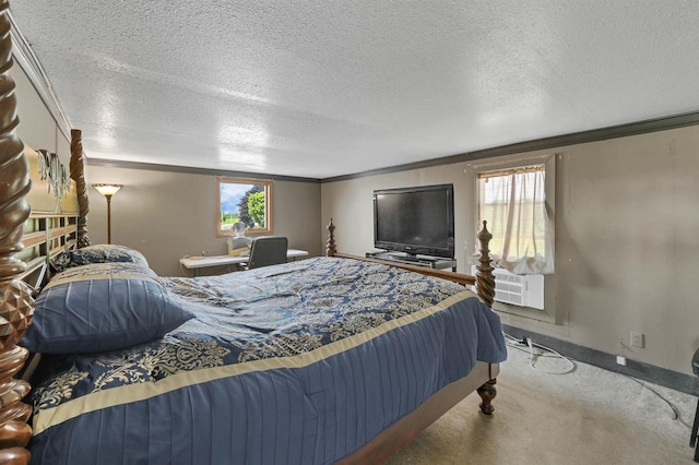 bedroom featuring multiple windows, carpet floors, and ornamental molding