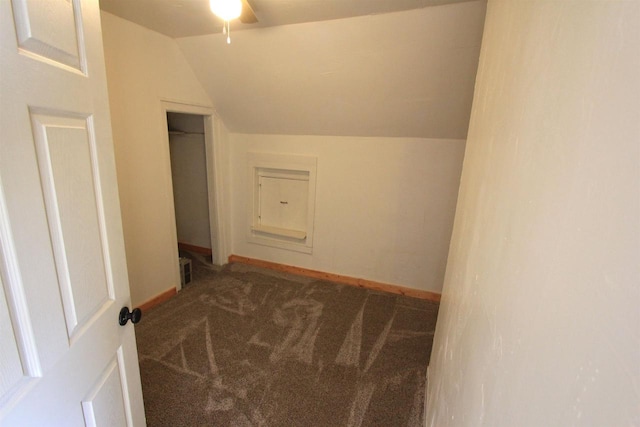 bonus room with carpet flooring, ceiling fan, and lofted ceiling