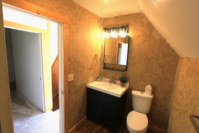 bathroom with toilet, vanity, and vaulted ceiling