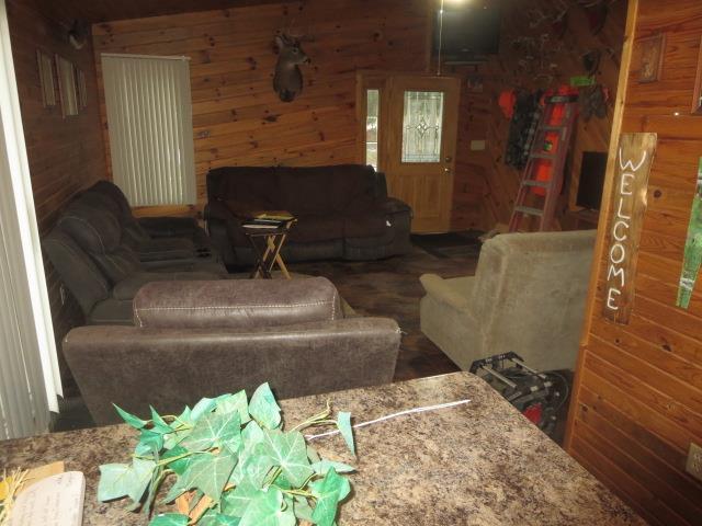 living room with wooden walls