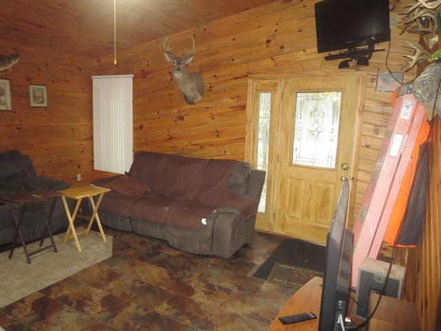 living room featuring wooden walls