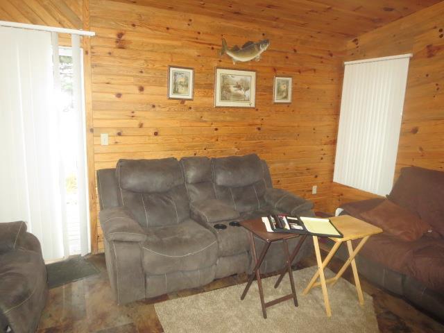 living room featuring wooden walls