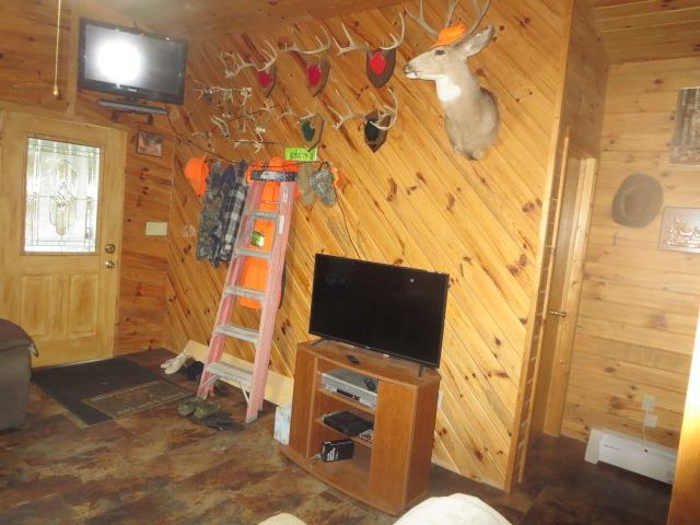 living room featuring wood walls