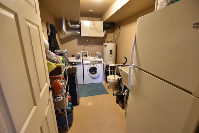 laundry room with electric water heater and washer and dryer