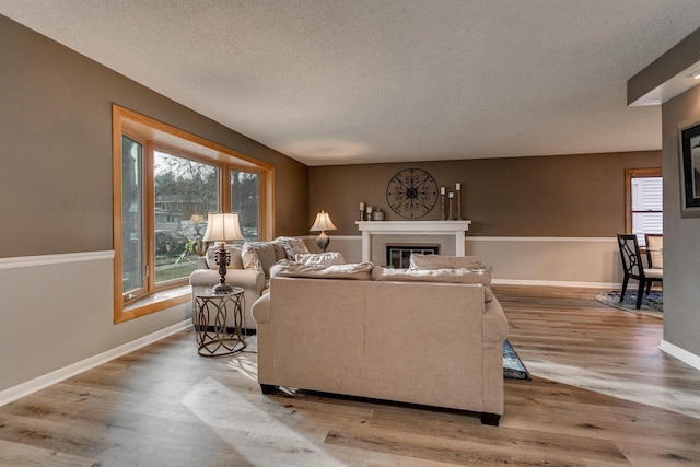 living room with a textured ceiling and light wood-type flooring