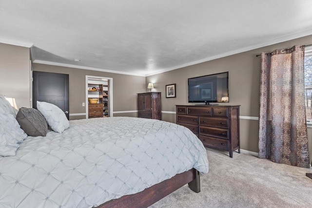 bedroom featuring ornamental molding and light carpet