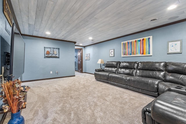 cinema featuring light carpet, crown molding, and wooden ceiling