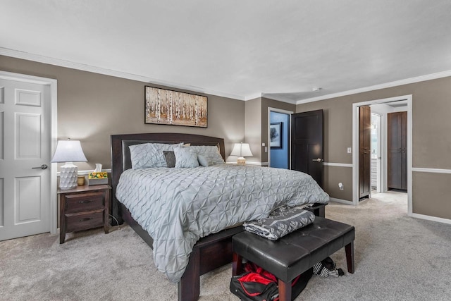 carpeted bedroom featuring ornamental molding