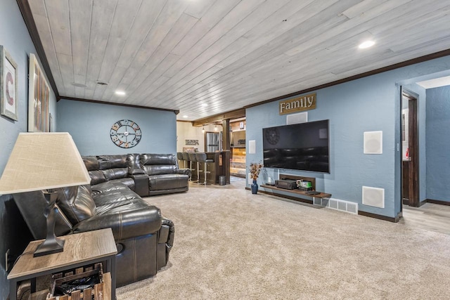 carpeted living room featuring ornamental molding and wood ceiling