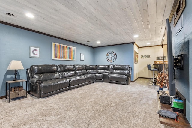 carpeted living room featuring wooden ceiling and crown molding