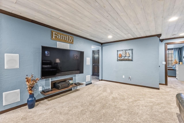 carpeted living room featuring ornamental molding and wood ceiling