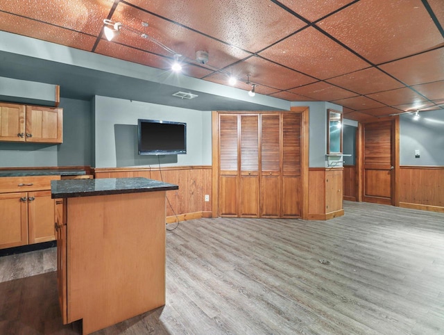 interior space featuring a drop ceiling, a center island, light wood-type flooring, and rail lighting