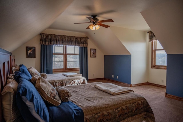 bedroom featuring light colored carpet, ceiling fan, and lofted ceiling