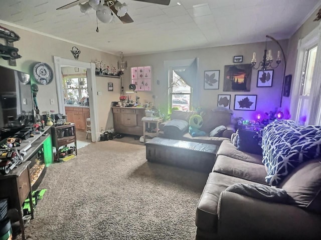 carpeted living room featuring ceiling fan, a healthy amount of sunlight, and ornamental molding