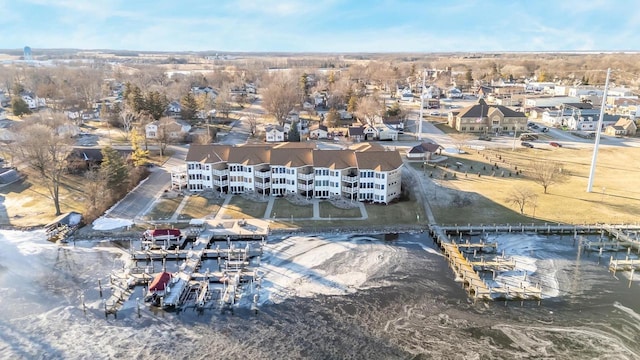 drone / aerial view with a water view