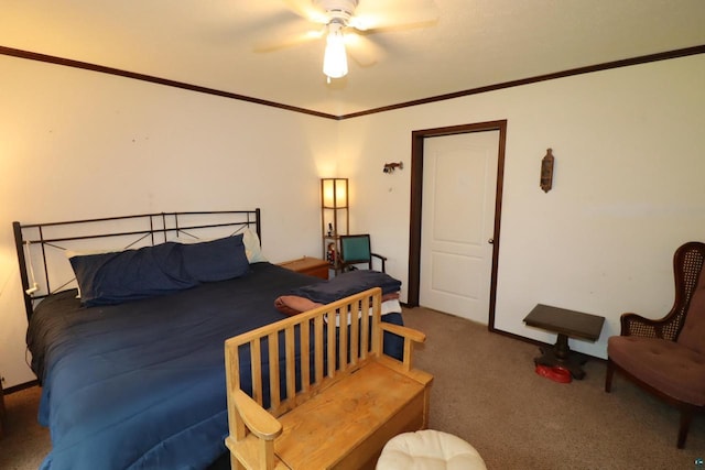 bedroom featuring carpet floors, ceiling fan, and ornamental molding