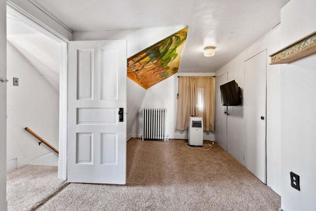 additional living space featuring carpet flooring and radiator