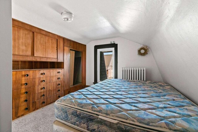 carpeted bedroom with radiator heating unit and vaulted ceiling