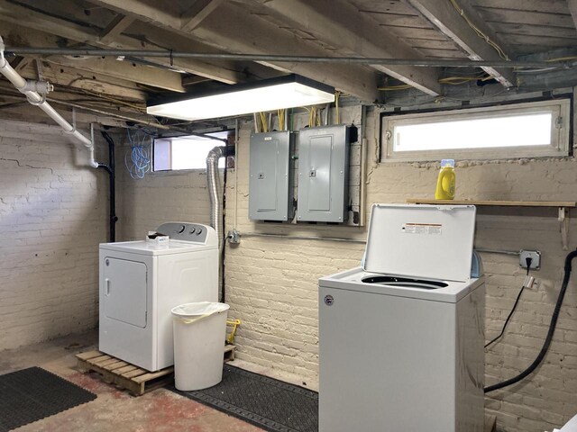 laundry room with electric panel and washing machine and dryer