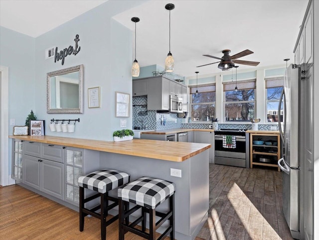 kitchen with a kitchen breakfast bar, wooden counters, kitchen peninsula, decorative backsplash, and appliances with stainless steel finishes