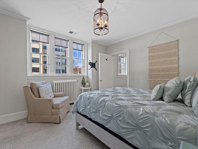 carpeted bedroom with radiator heating unit, crown molding, and an inviting chandelier