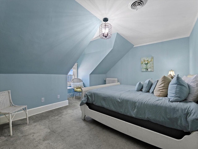 bedroom featuring lofted ceiling, crown molding, radiator heating unit, and carpet floors