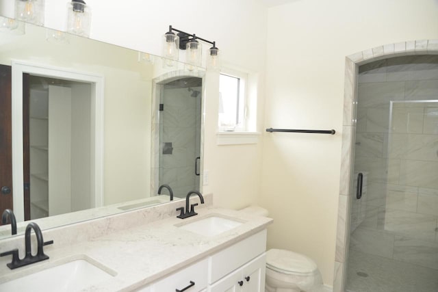 bathroom with vanity, toilet, and a shower with shower door