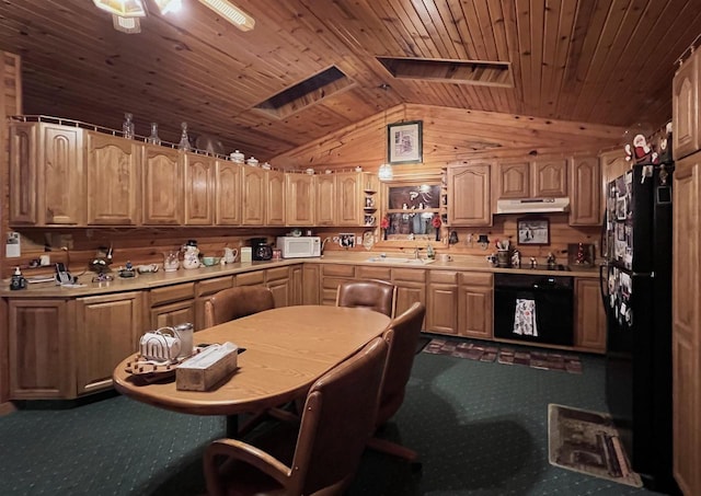 kitchen featuring wooden ceiling, black refrigerator, sink, vaulted ceiling, and wall oven