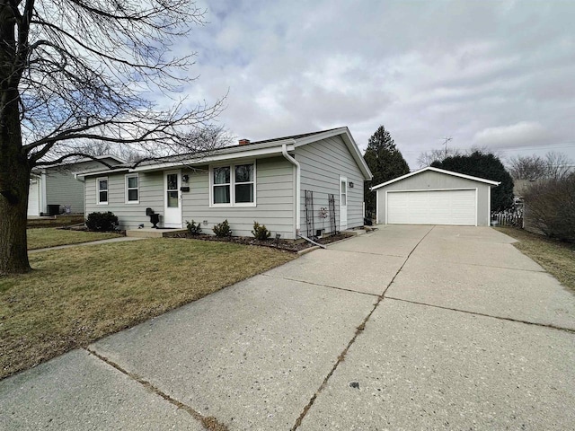 ranch-style home with a front lawn, an outdoor structure, and a garage