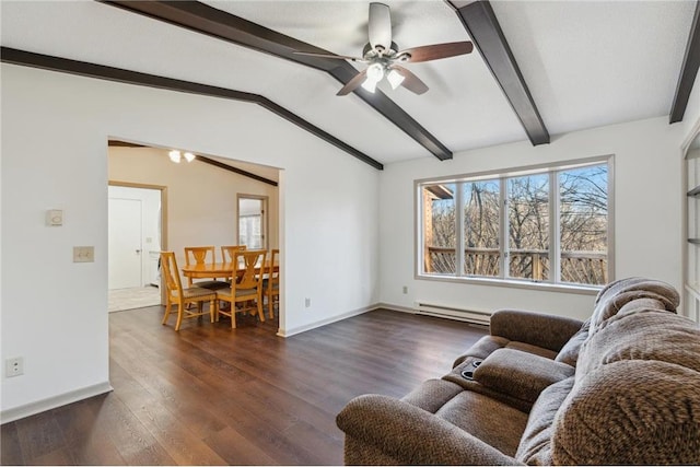 living room with dark hardwood / wood-style flooring, lofted ceiling with beams, baseboard heating, and ceiling fan