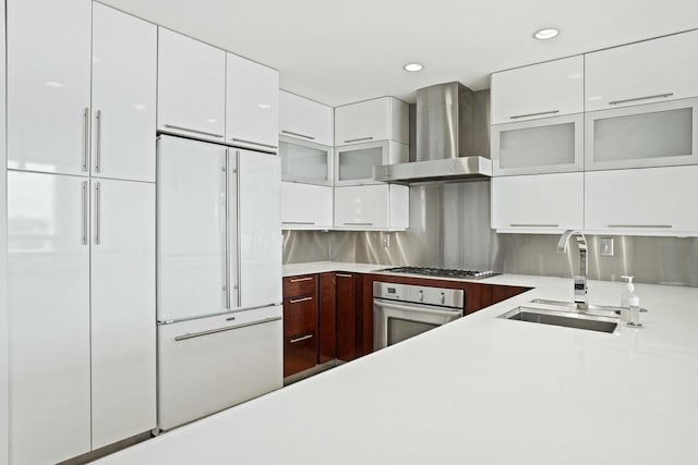 kitchen featuring appliances with stainless steel finishes, tasteful backsplash, wall chimney exhaust hood, sink, and white cabinetry