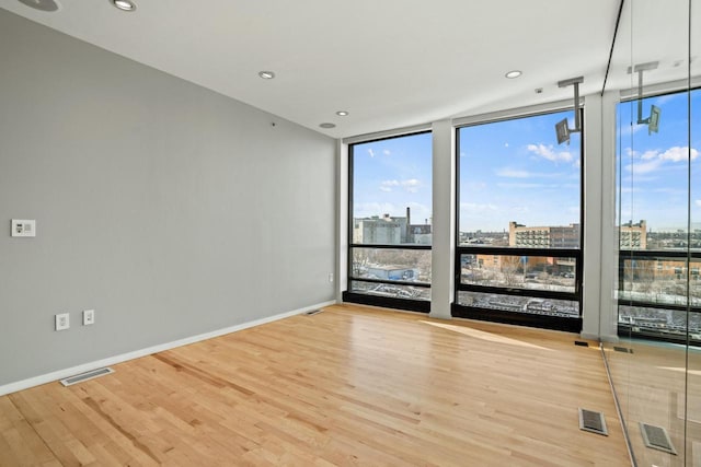 empty room featuring floor to ceiling windows and light hardwood / wood-style floors