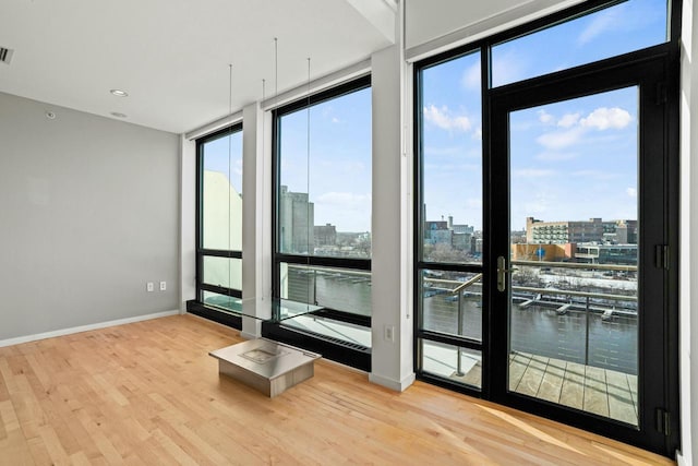 doorway with expansive windows, plenty of natural light, and light hardwood / wood-style floors