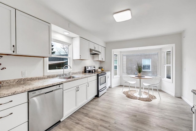 kitchen with white cabinets, sink, appliances with stainless steel finishes, and light hardwood / wood-style flooring