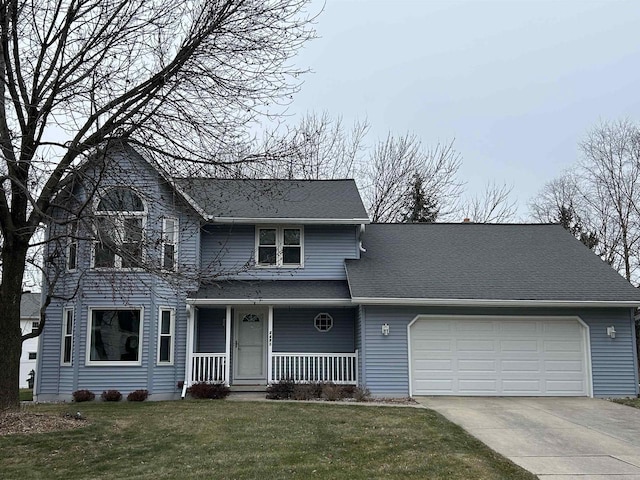 view of property featuring a front lawn, covered porch, and a garage