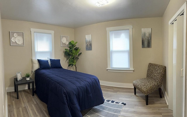 bedroom with multiple windows and wood-type flooring