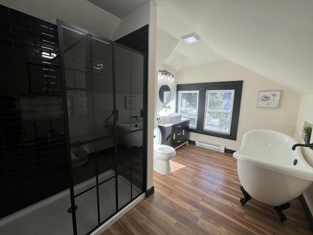 full bathroom featuring vanity, a baseboard heating unit, hardwood / wood-style floors, shower with separate bathtub, and lofted ceiling