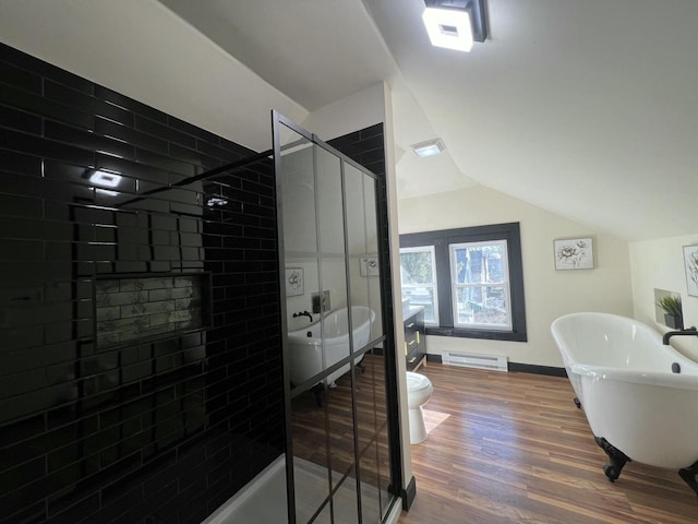 bathroom with separate shower and tub, wood-type flooring, a baseboard radiator, toilet, and lofted ceiling