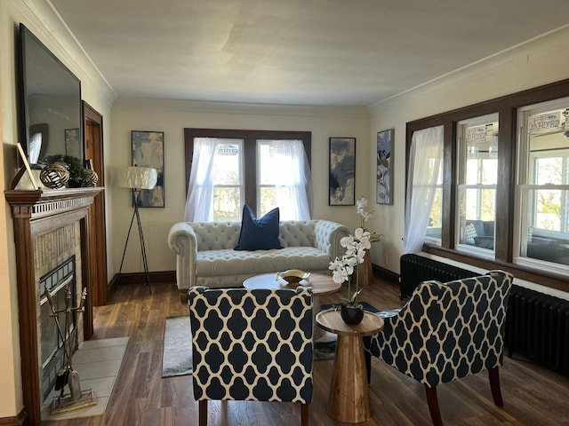 living room featuring crown molding, a fireplace, dark hardwood / wood-style floors, and radiator heating unit